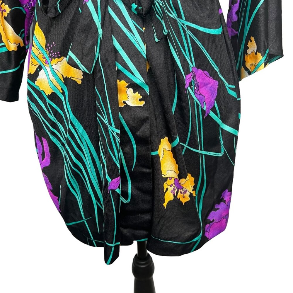 Vintage Kamehameha Floral Robe Hawaiian Belted Black Original Tropical Size L - Picture 5 of 10